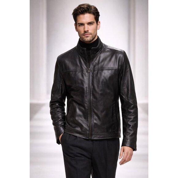 ALFANI Men’s Dark Brown Genuine Leather Jacket XL Zip Up Classic Minimalist Coat